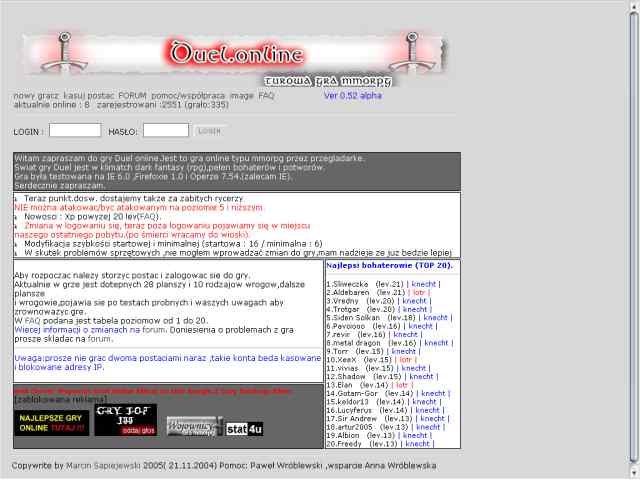 strona startowa Duel Online w 2005 roku